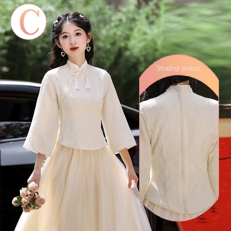 Haljina za djeverušu s jednim ramom, A-silueta, duga suknja, rukavi 3/4, Chenille tkanina s elastanom