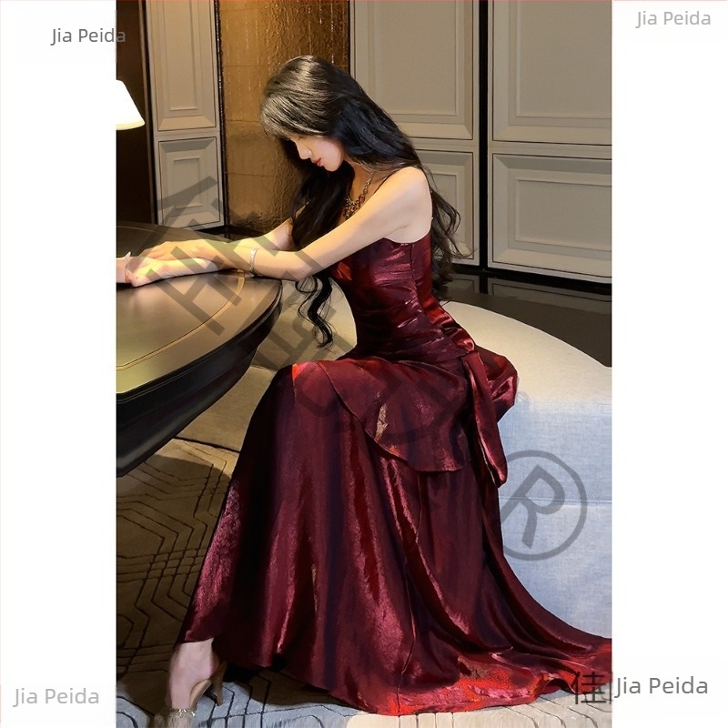 Francuskog stila večernja haljina s jednim ramenom, bez rukava, duga A-linija suknja, spandeks mješavina