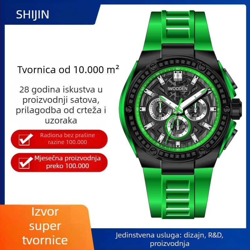 Sportski sat s dijamantnim ugradnjama, kronograf, prilagodljiv prema nacrtima i uzorcima, vodootpornost 100 m, japanski kvarcni mehanizam