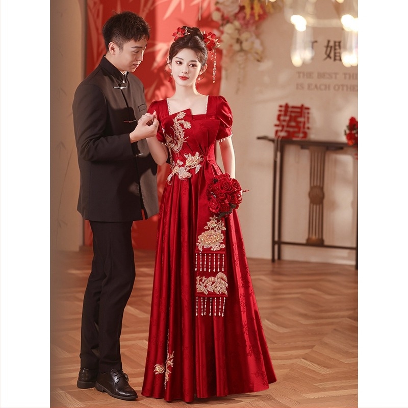 Vjenčana haljina s visokim strukom i princez stilom, rukavi 3/4, duga suknja, ljeto 2025, tkanina: Spandex (<30%), Poliester (30–50%)