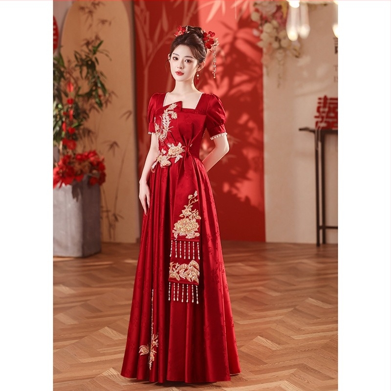 Vjenčana haljina s visokim strukom i princez stilom, rukavi 3/4, duga suknja, ljeto 2025, tkanina: Spandex (<30%), Poliester (30–50%)