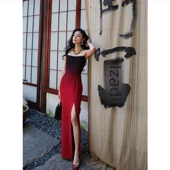 Večernja haljina bez naramenica, visok struk, silueta princeze, duga haljina, materijal poliester-spandeks.