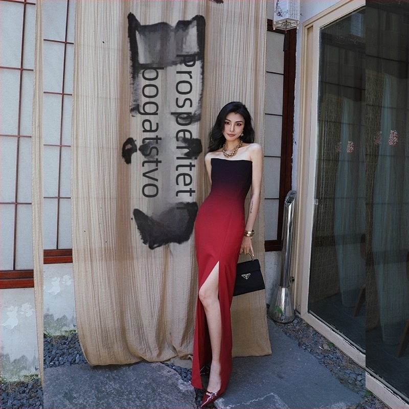 Večernja haljina bez naramenica, visok struk, silueta princeze, duga haljina, materijal poliester-spandeks.