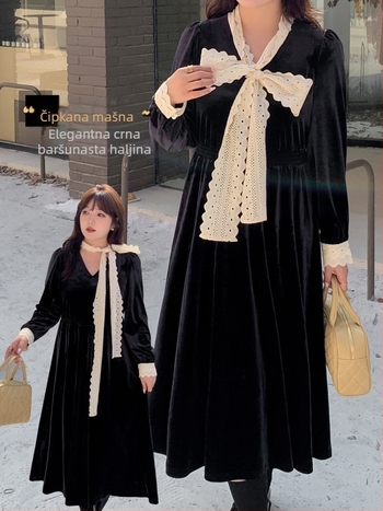 Baršunasta duga haljina s V-izrezom, puff rukavi, A-kroj siluete, retro stil, zima 2025