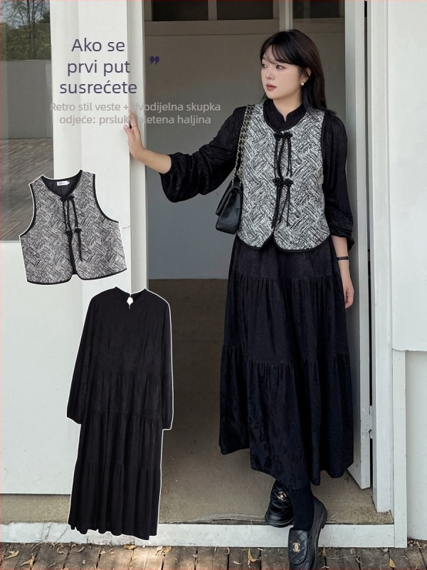 Set haljine i veste u literarno-retro stilu, materijal: pleteni elastični materijal + gruba tkanina, puff rukavi, mali stojeći ovratnik, midi duljina, branda Mellowrani, proljeće 2025