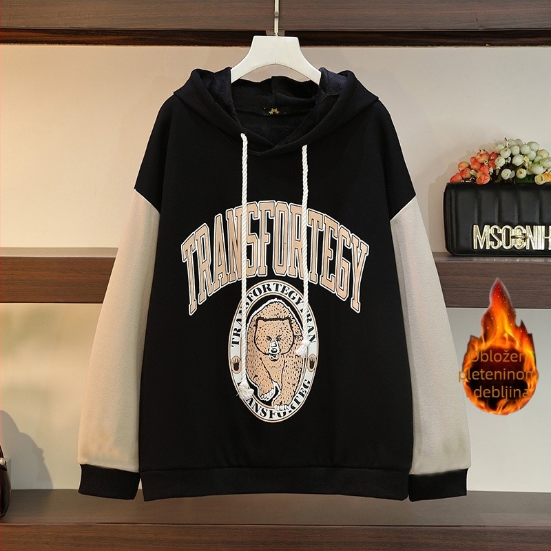 Ženski kapućasti dukserica od pamuka s fleec podstavom, otisak slova/brojeva, zimsko izdanje 2022