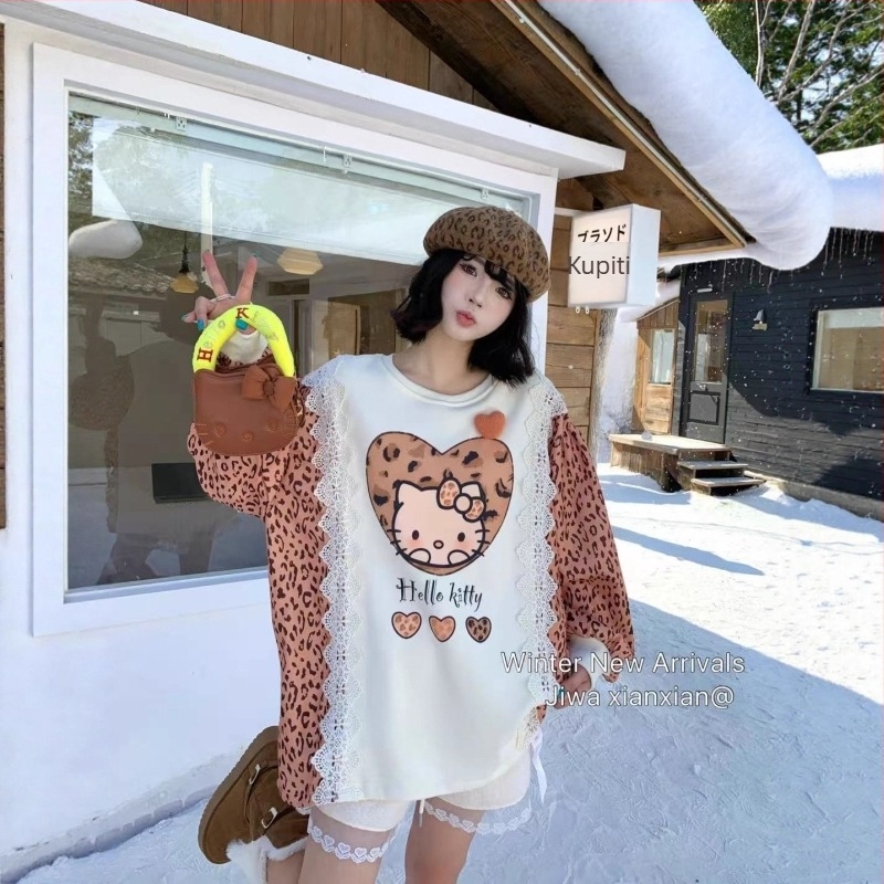 Hoodica s leopard printom i čipkom, pamuk-poliester smjesa, okrugli izrez, dugi rukavi, opušten kroj, zima 2025