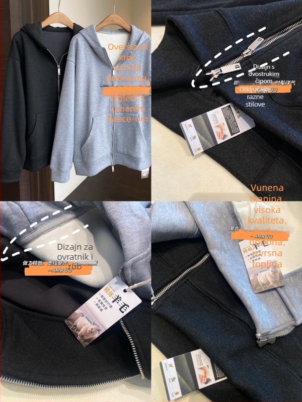 Ženski hoodie džemper s kapuljom od vunene smeše s fleec podstavom, debela i topla, široka kroj, zatvarač, kod G110224