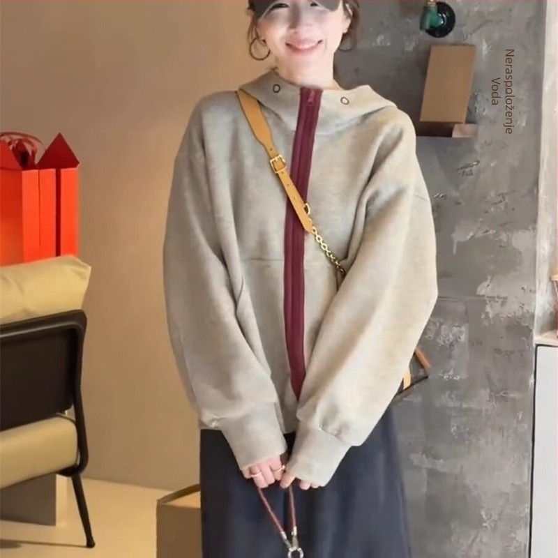 Ženska debela kapuljača dukserica jakna, slobodan kroj, zatvarač, pamuk-poliester smjesa, zima 2025