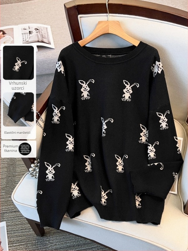 Ženski široki pulover od viskoze s anime otiskom, okrugli izrez, lampion rukave, pulover