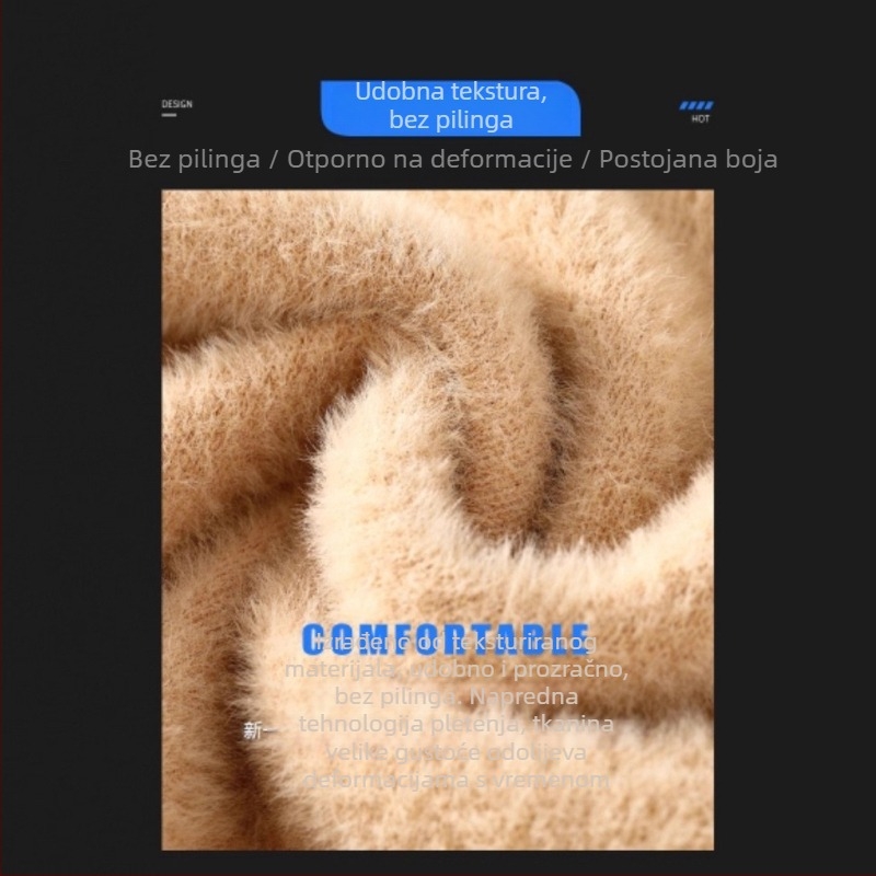 Pleteni džemper od mink velveta, polu visokog ovratnika, debeli pleteni uzorak, slobodan kroj, intarsija