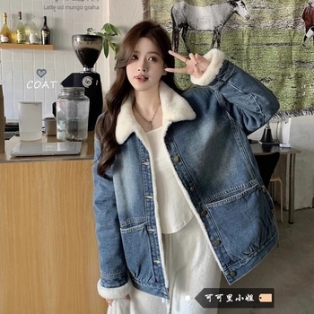 Ženska traper jakna s fleeks podstavom, debela i topla, isprani denim, ležerni oversize kroj, korejski stil