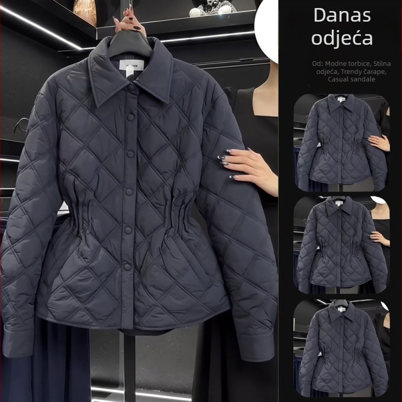 Ženska jakna s pamukom punjenjem, slobodan kroj, zatvarač, ovratnik tip lapel, glavni materijal: poliester 95%+