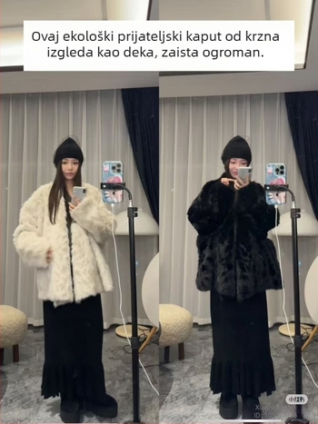Ženski kaput od umjetnog krzna, oversize kroj, srednja duljina, V-dekolte, dugi rukavi