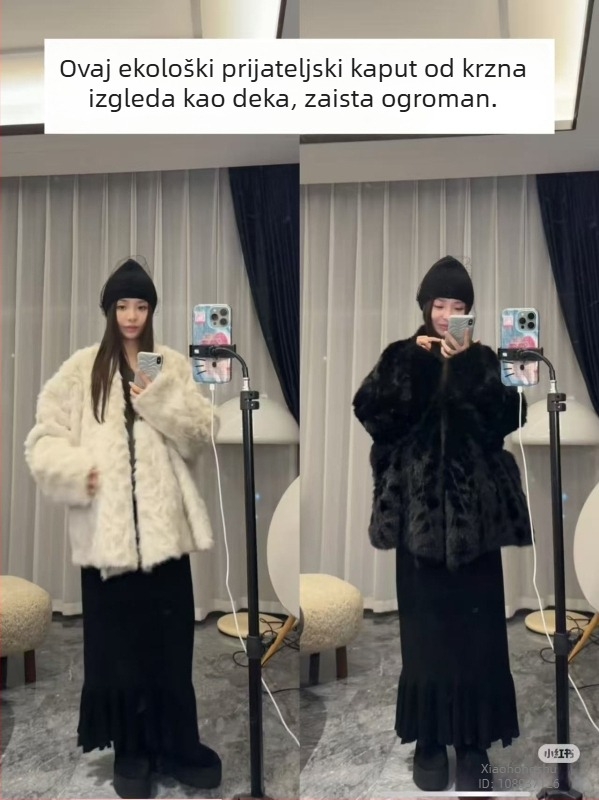 Ženski kaput od umjetnog krzna, oversize kroj, srednja duljina, V-dekolte, dugi rukavi
