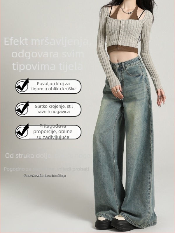 Traperice za žene, plus veličine, visoki struk, široke nogavice, duljina do poda, denim