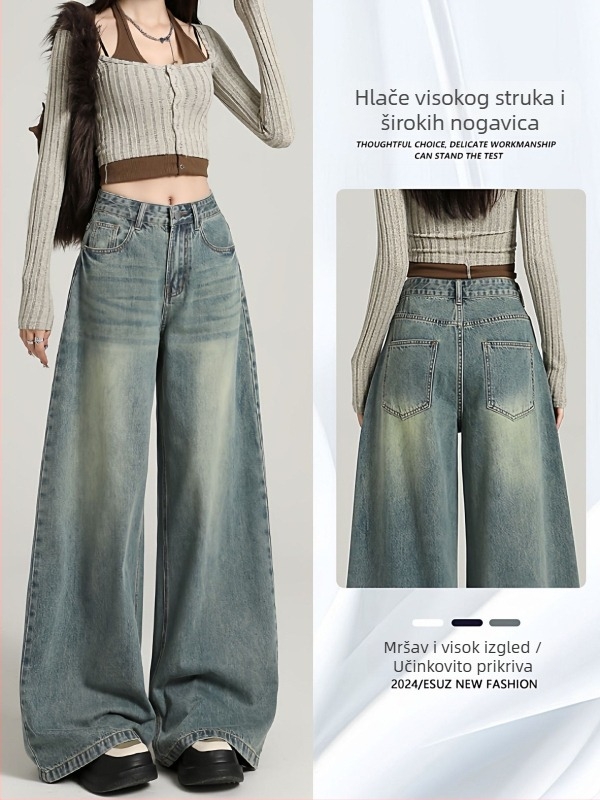 Traperice za žene, plus veličine, visoki struk, široke nogavice, duljina do poda, denim