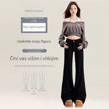 Elastične ženske crne traperice s visokim strukom, plus veličina, opušten kroj, široke nogavice, jesenji model, vizualno izdužuju siluetu.