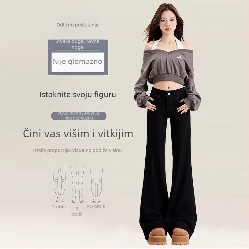 Elastične ženske crne traperice s visokim strukom, plus veličina, opušten kroj, široke nogavice, jesenji model, vizualno izdužuju siluetu.