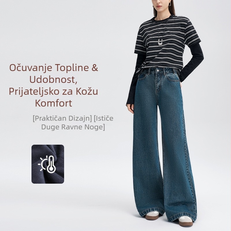 Traperice od denima s baršunastom podstavom, debeli denim, opušten pojas, široke nogavice, zima 2025