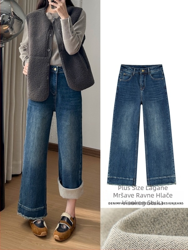 Plus size ženske traperice, bež boje s flis podstavom, ravni kroj, elastični denim za zimu 2025