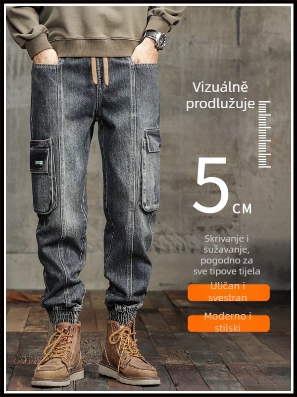 Muške traperice od denima u retro stilu, labav kroj, srednji struk, šnira za pričvršćivanje, oprane
