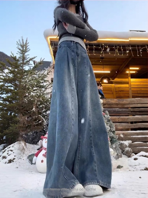 Ženske traperice - visoki struk, debeli denim, široke nogavice, s baršunastom podstavom