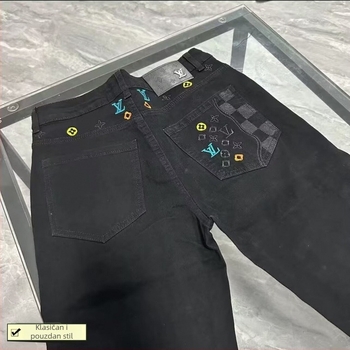 Muške ravne traperice s izšivkom, debeli denim, srednji pojas, kopčanje vezicama, svakodnevna upotreba