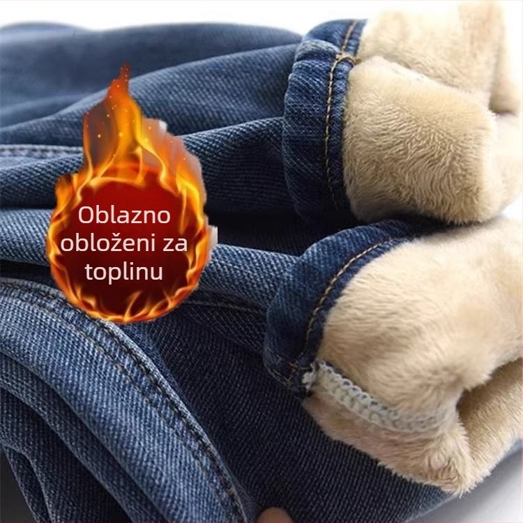 Ženske traperice s flis podstavom, visokim strukom, elastične, tople, prilagođene krušnoj figuri