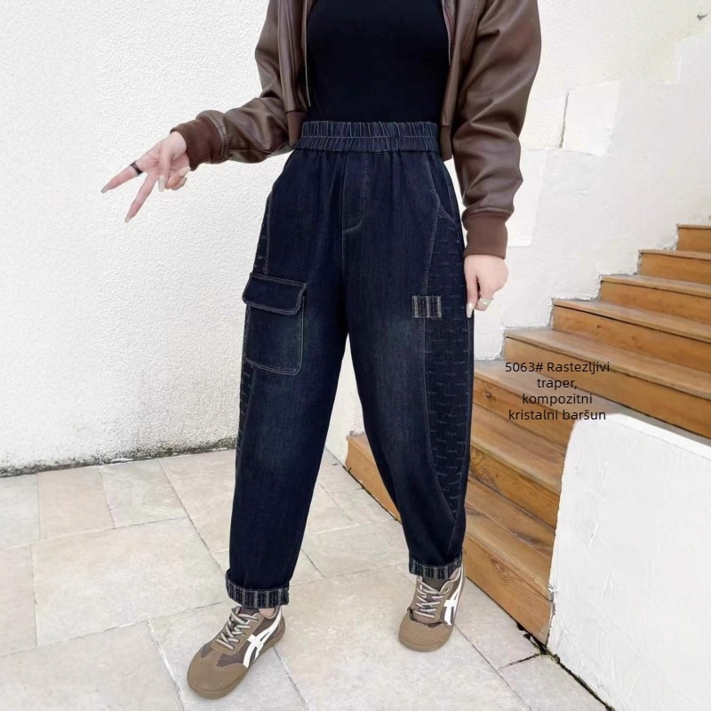 Plus veličina zimske traperice, labav kroj, debeli flis, elastični pojas, harém stil