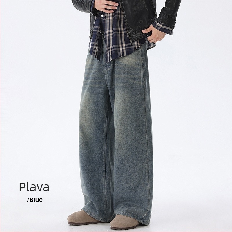 Muške zimske traperice, američki retro stil, široke nogavice, opušten kroj, srednji pojas, zatvarač