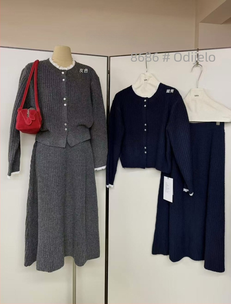 Kostim s suknjom i čipkastim puloverom, dugo suknja, reciklirani poliester, Zima 2025