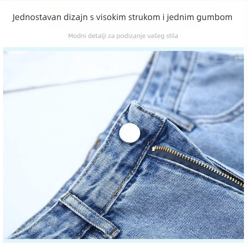 Ženske traperice od denima, visoki struk, ravne nogavice, pamuk 50–70%, šavovi collage