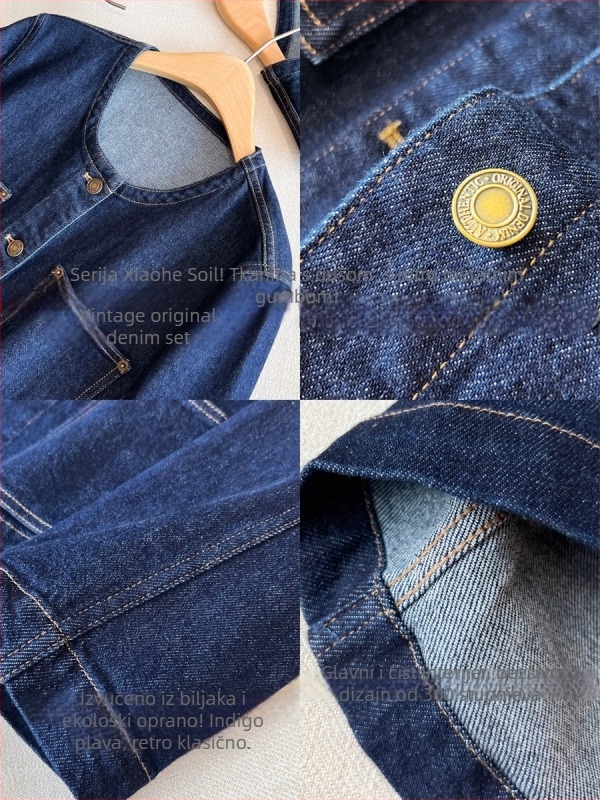 Ženska džins jakna s velikim džepovima, vintage stil, polo ovratnik, prostran kroj, pamuk-denim sa spandexom