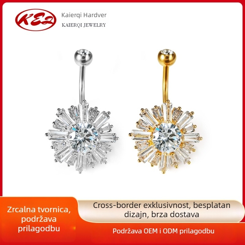 Navel piercing – 316L nehrđajući čelik, cirkon, dizajn suncokret-snježnjak, piercing za pupak, ženski stil