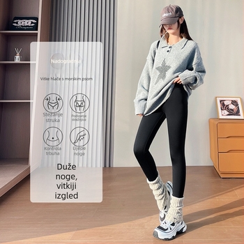 Ženske tajice Sharkskin s ananasovim velurom, zimna podstava, crne, visoki struk, joge hlače