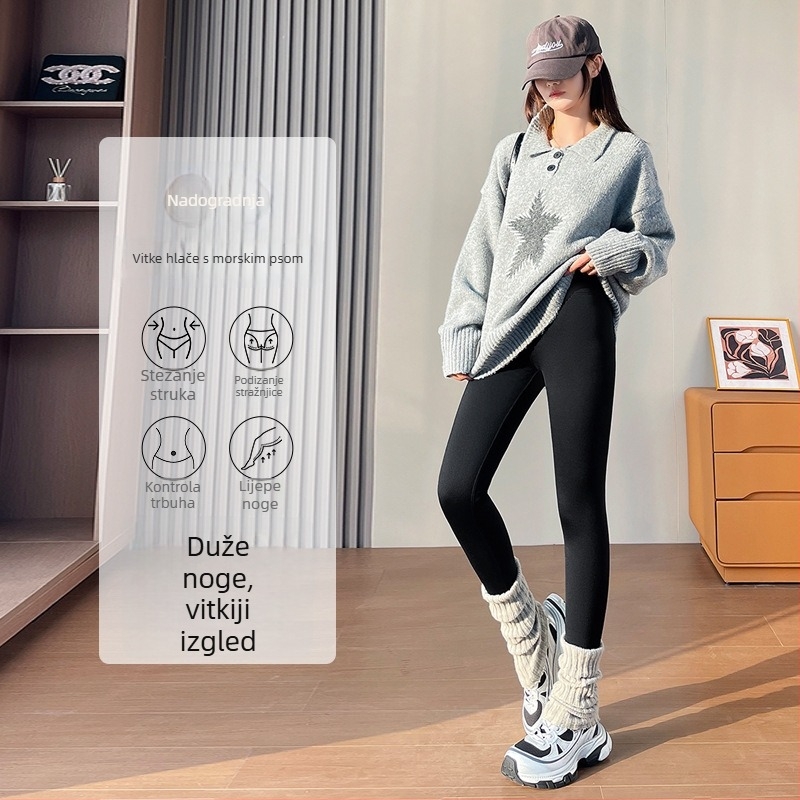 Ženske tajice Sharkskin s ananasovim velurom, zimna podstava, crne, visoki struk, joge hlače
