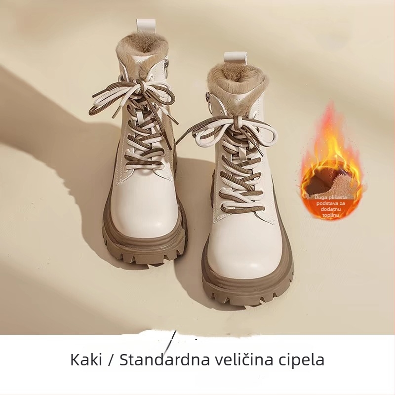 Ženske čizme za snijeg s fleecem iznutra, debeli gumeni potplat, gornji dio od sintetičke kože, srednja visina potkoljenice, prednje vezivanje i bočni zatvarač