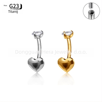 Prsten za pupak, srcolik dizajn, titanijeva zlitina G23, zlatno ugravirano, cirkon kristali, unisex, elegantan piercing nakit