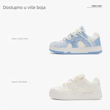 Tenisice od denima s debelim potplatom, uzorak color-block, okrugla špička, niski potplat 1–3 cm, vezanje na vezice