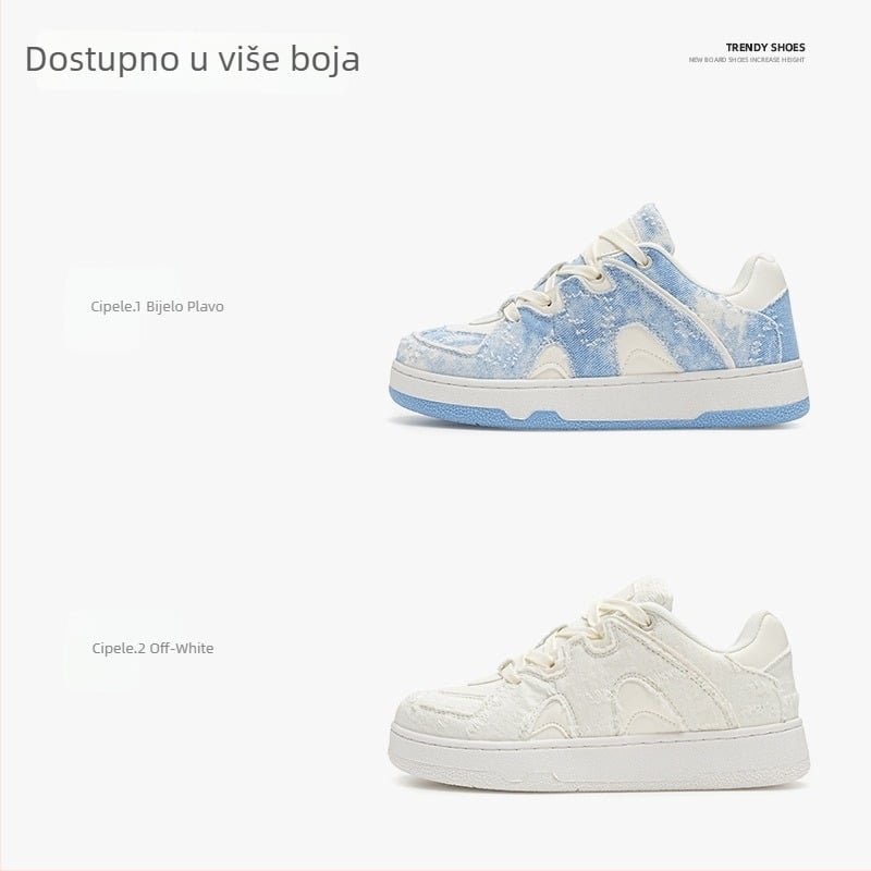 Tenisice od denima s debelim potplatom, uzorak color-block, okrugla špička, niski potplat 1–3 cm, vezanje na vezice