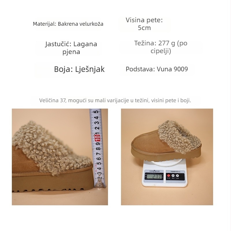 Ženske zimske papuče s zatvorenim prstom, gornji dio od kravljeg velura i unutarnja podstava od velura, debeli pet 6-8 cm, zaobljeni vrh