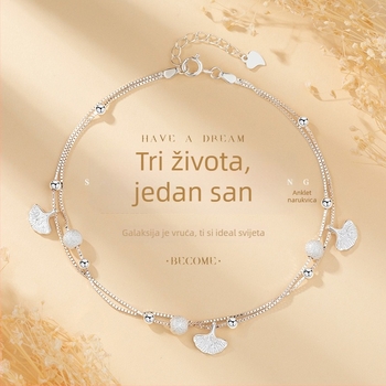 S925 srebrni narukvica za gležanj – Sansheng Lucky motiv, korejski stil, listni dizajn, model JL013