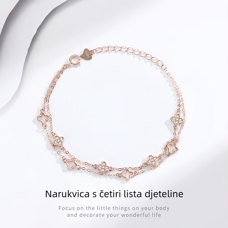 S925 dvostruki anklet za gležanj s četverolisnom djetelinom, kamenjem, inspirirano šumom, ženski dodatak za stopala