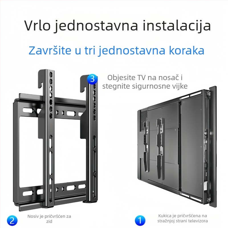 Univerzalni zidni nosač za televizor 26–65 inča, ultra tanki, hladno valjani čelik, model T50, težina 1000 g