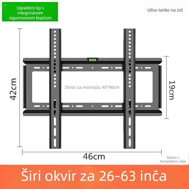 Univerzalni zidni nosač za televizor 26–65 inča, ultra tanki, hladno valjani čelik, model T50, težina 1000 g