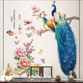 Zidna naljepnica - PVC vodootporna dekoracija s motivom pauna, za dnevni boravak i spavaću sobu, jedan komad