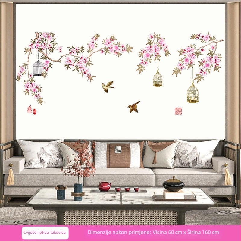 PVC zidna naljepnica s cvijećem i pticama na grani, samoljepljiva, 1 kom, za dnevni boravak i spavaću sobu, kineski klasični stil