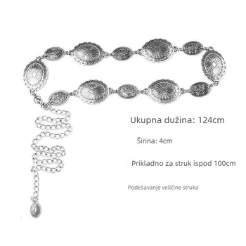 Ženski metalni pojas-lanac, svestran stil, duljina 105 cm, širina 2–4 cm, materijal: metal