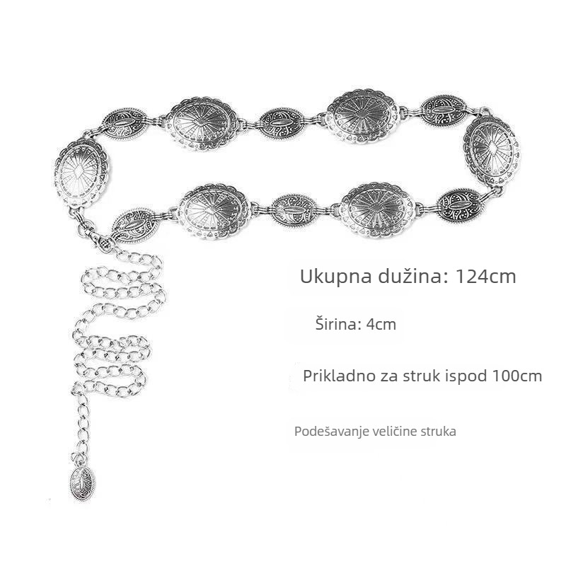 Ženski metalni pojas-lanac, svestran stil, duljina 105 cm, širina 2–4 cm, materijal: metal